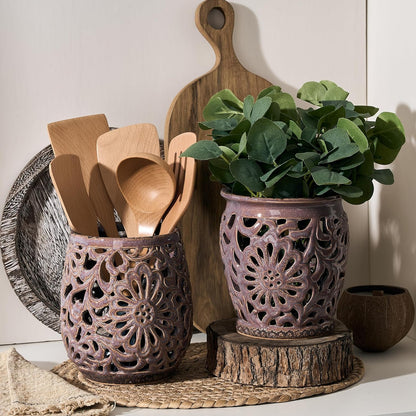 Farmhouse Kitchen Utensil Holder for Countertop, Ceramic Large Cooking Utensil Crock with Cork Mat, Decorative Rustic Utensil Holder for Kitchen Counter, Hollow Carving Flower, Blue