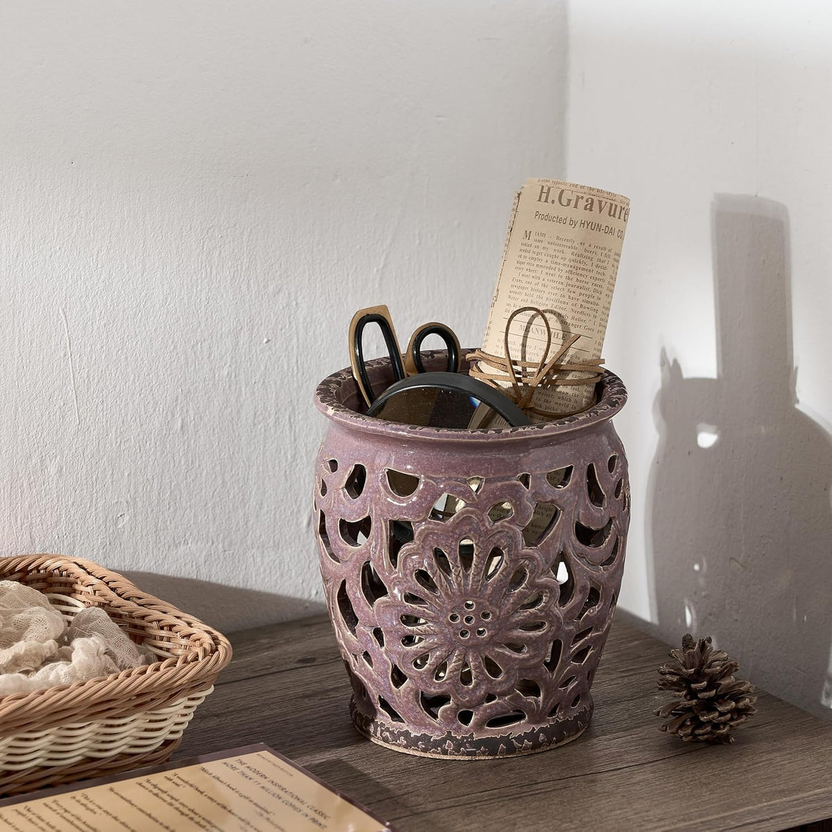 Farmhouse Kitchen Utensil Holder for Countertop, Ceramic Large Cooking Utensil Crock with Cork Mat, Decorative Rustic Utensil Holder for Kitchen Counter, Hollow Carving Flower, Blue