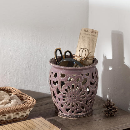 Farmhouse Kitchen Utensil Holder for Countertop, Ceramic Large Cooking Utensil Crock with Cork Mat, Decorative Rustic Utensil Holder for Kitchen Counter, Hollow Carving Flower, Blue