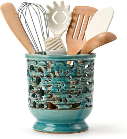 Farmhouse Kitchen Utensil Holder for Countertop, Ceramic Large Cooking Utensil Crock with Cork Mat, Decorative Rustic Utensil Holder for Kitchen Counter, Hollow Carving Flower, Blue