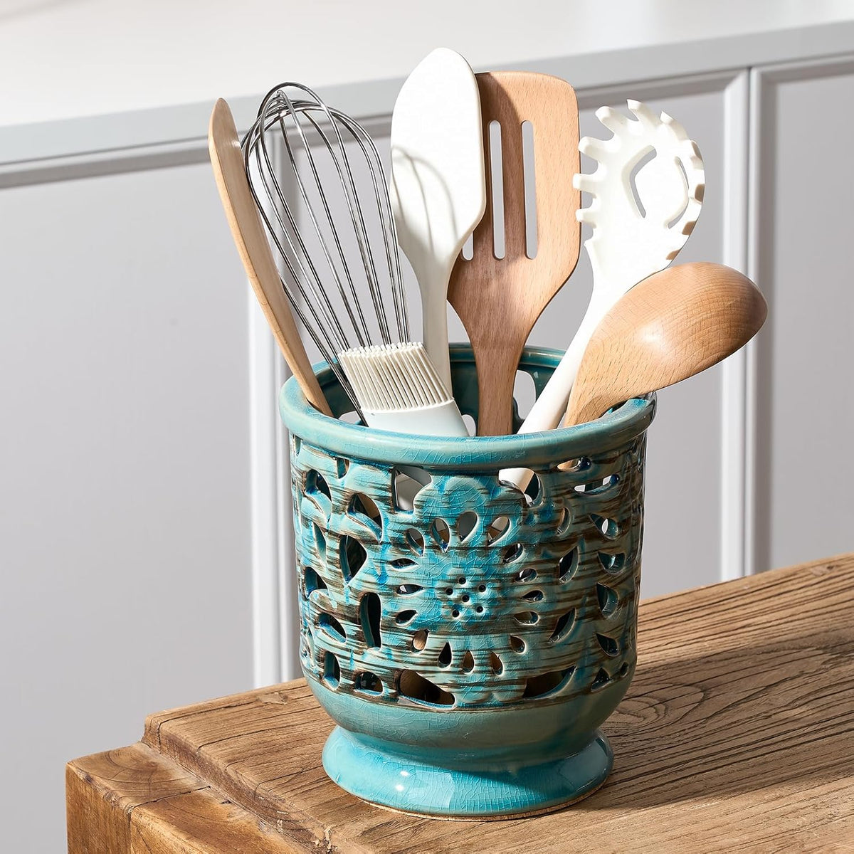 Farmhouse Kitchen Utensil Holder for Countertop, Ceramic Large Cooking Utensil Crock with Cork Mat, Decorative Rustic Utensil Holder for Kitchen Counter, Hollow Carving Flower, Blue