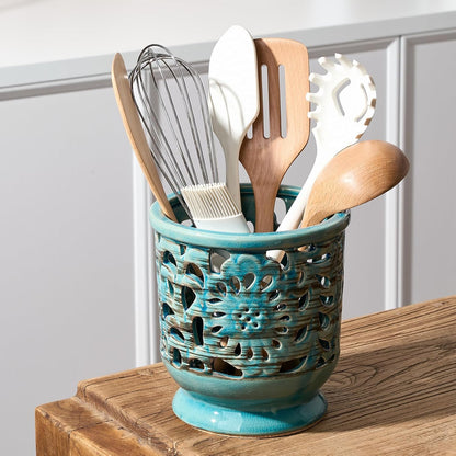 Farmhouse Kitchen Utensil Holder for Countertop, Ceramic Large Cooking Utensil Crock with Cork Mat, Decorative Rustic Utensil Holder for Kitchen Counter, Hollow Carving Flower, Blue