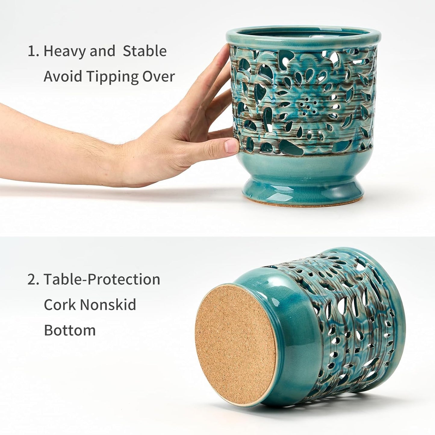 Farmhouse Kitchen Utensil Holder for Countertop, Ceramic Large Cooking Utensil Crock with Cork Mat, Decorative Rustic Utensil Holder for Kitchen Counter, Hollow Carving Flower, Blue