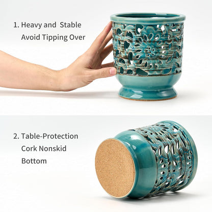Farmhouse Kitchen Utensil Holder for Countertop, Ceramic Large Cooking Utensil Crock with Cork Mat, Decorative Rustic Utensil Holder for Kitchen Counter, Hollow Carving Flower, Blue