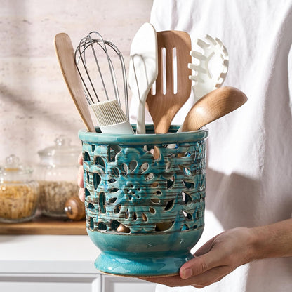 Farmhouse Kitchen Utensil Holder for Countertop, Ceramic Large Cooking Utensil Crock with Cork Mat, Decorative Rustic Utensil Holder for Kitchen Counter, Hollow Carving Flower, Blue