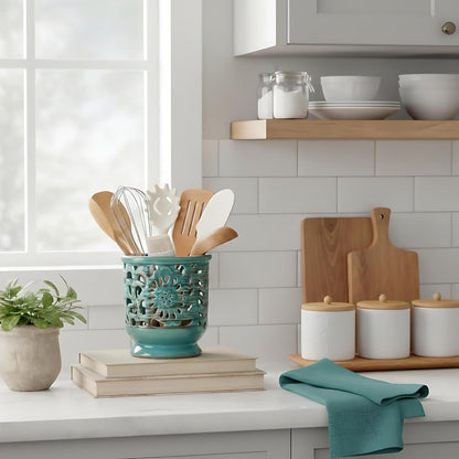 Farmhouse Kitchen Utensil Holder for Countertop, Ceramic Large Cooking Utensil Crock with Cork Mat, Decorative Rustic Utensil Holder for Kitchen Counter, Hollow Carving Flower, Blue