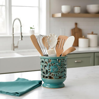 Farmhouse Kitchen Utensil Holder for Countertop, Ceramic Large Cooking Utensil Crock with Cork Mat, Decorative Rustic Utensil Holder for Kitchen Counter, Hollow Carving Flower, Blue