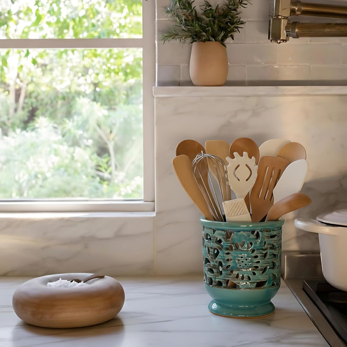 Farmhouse Kitchen Utensil Holder for Countertop, Ceramic Large Cooking Utensil Crock with Cork Mat, Decorative Rustic Utensil Holder for Kitchen Counter, Hollow Carving Flower, Blue