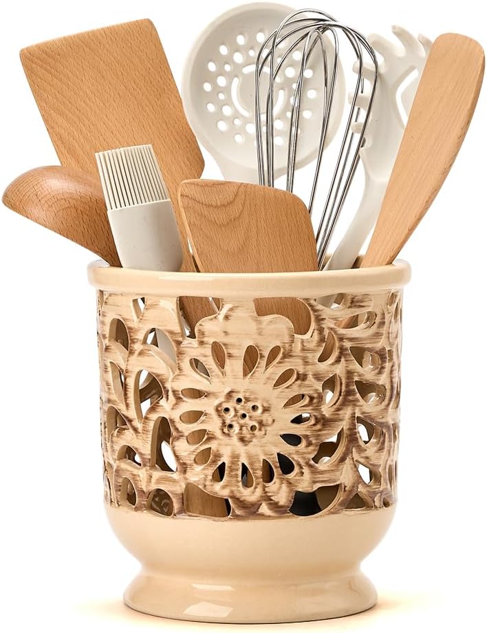 Farmhouse Kitchen Utensil Holder for Countertop, Ceramic Large Cooking Utensil Crock with Cork Mat, Decorative Rustic Utensil Holder for Kitchen Counter, Hollow Carving Flower, Blue