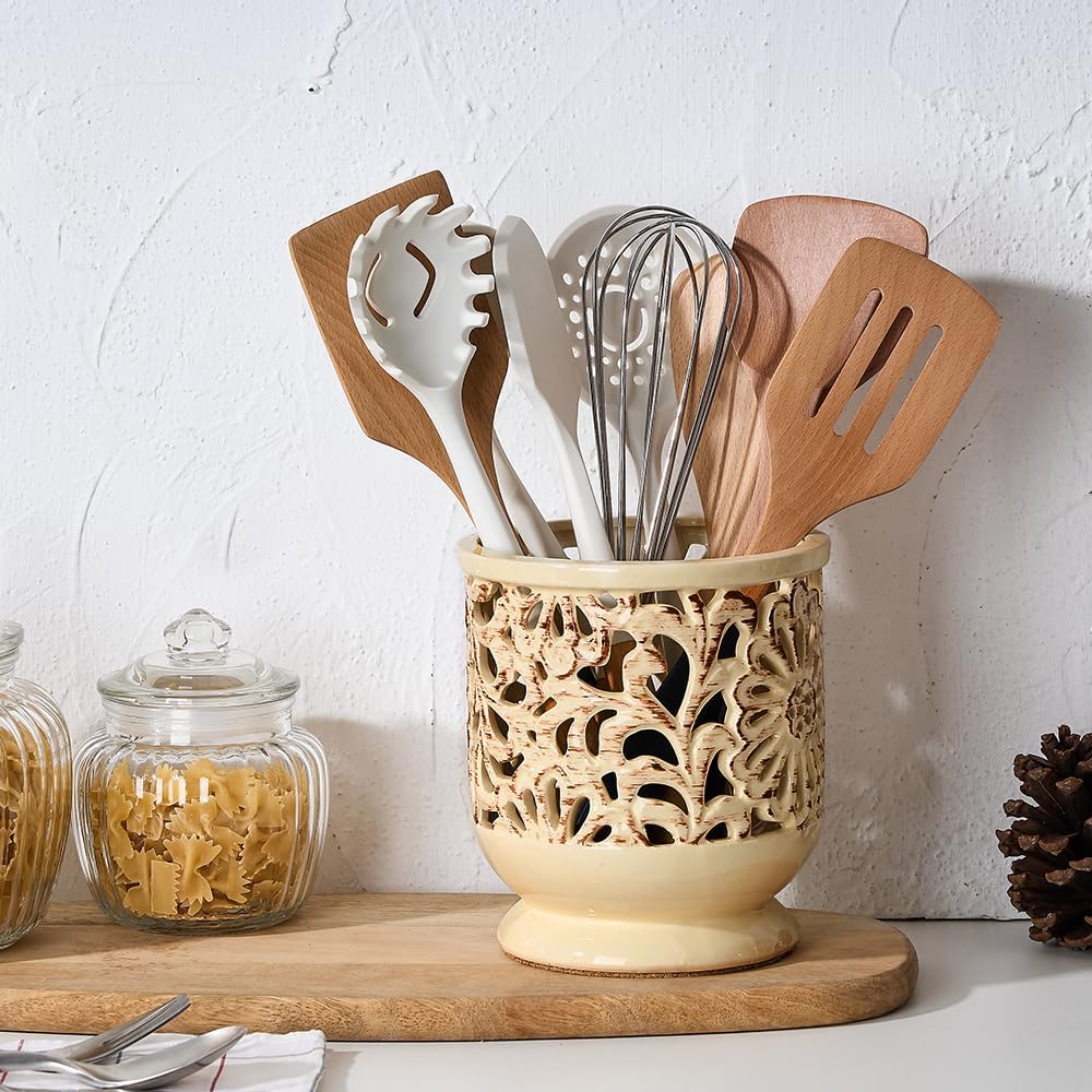 Farmhouse Kitchen Utensil Holder for Countertop, Ceramic Large Cooking Utensil Crock with Cork Mat, Decorative Rustic Utensil Holder for Kitchen Counter, Hollow Carving Flower, Blue