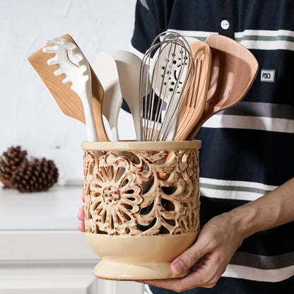 Farmhouse Kitchen Utensil Holder for Countertop, Ceramic Large Cooking Utensil Crock with Cork Mat, Decorative Rustic Utensil Holder for Kitchen Counter, Hollow Carving Flower, Blue