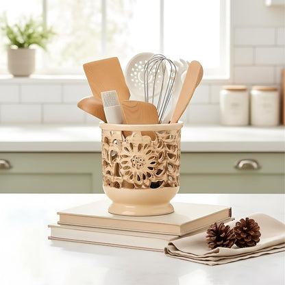 Farmhouse Kitchen Utensil Holder for Countertop, Ceramic Large Cooking Utensil Crock with Cork Mat, Decorative Rustic Utensil Holder for Kitchen Counter, Hollow Carving Flower, Blue