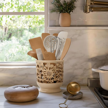 Farmhouse Kitchen Utensil Holder for Countertop, Ceramic Large Cooking Utensil Crock with Cork Mat, Decorative Rustic Utensil Holder for Kitchen Counter, Hollow Carving Flower, Blue
