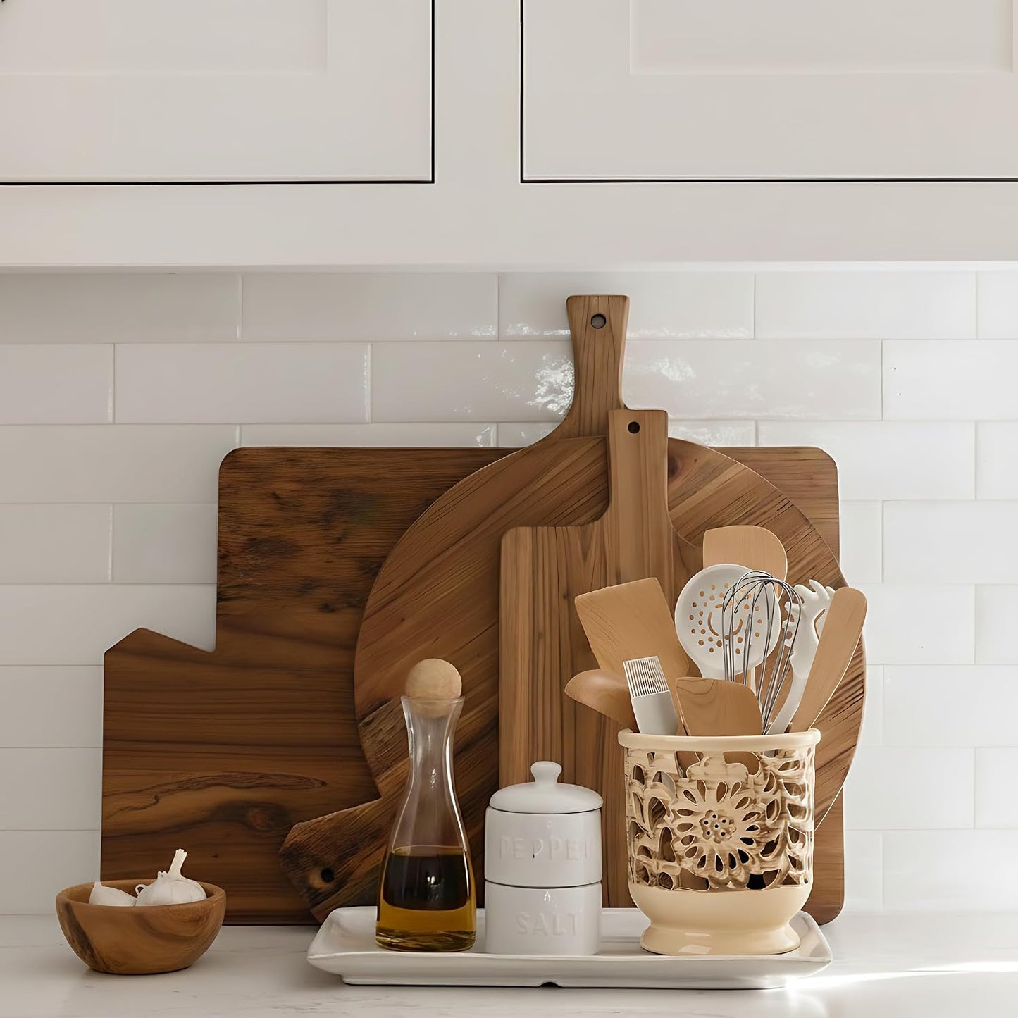 Farmhouse Kitchen Utensil Holder for Countertop, Ceramic Large Cooking Utensil Crock with Cork Mat, Decorative Rustic Utensil Holder for Kitchen Counter, Hollow Carving Flower, Blue