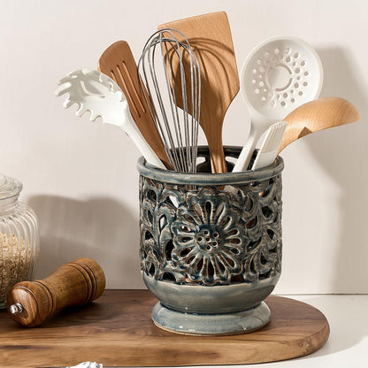 Farmhouse Kitchen Utensil Holder for Countertop, Ceramic Large Cooking Utensil Crock with Cork Mat, Decorative Rustic Utensil Holder for Kitchen Counter, Hollow Carving Flower, Blue