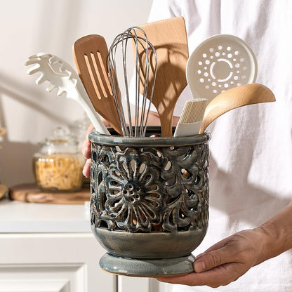 Farmhouse Kitchen Utensil Holder for Countertop, Ceramic Large Cooking Utensil Crock with Cork Mat, Decorative Rustic Utensil Holder for Kitchen Counter, Hollow Carving Flower, Blue