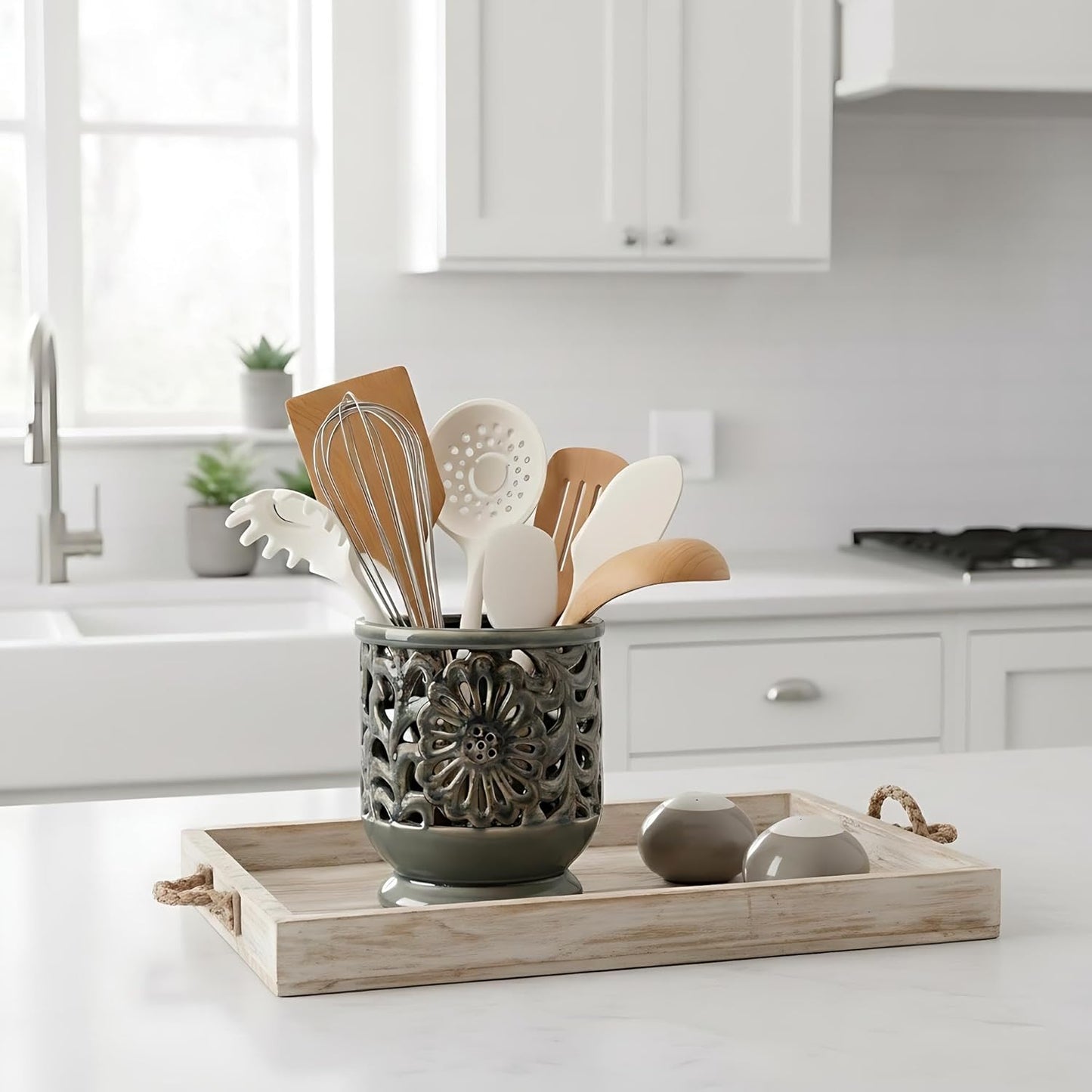 Farmhouse Kitchen Utensil Holder for Countertop, Ceramic Large Cooking Utensil Crock with Cork Mat, Decorative Rustic Utensil Holder for Kitchen Counter, Hollow Carving Flower, Blue