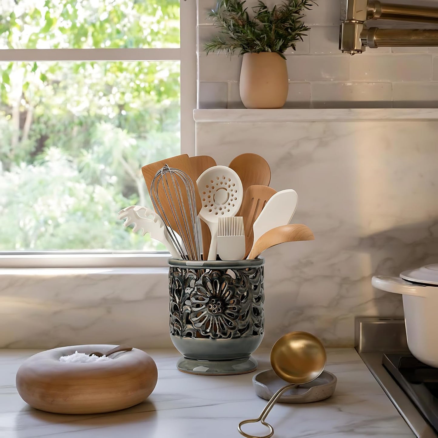 Farmhouse Kitchen Utensil Holder for Countertop, Ceramic Large Cooking Utensil Crock with Cork Mat, Decorative Rustic Utensil Holder for Kitchen Counter, Hollow Carving Flower, Blue