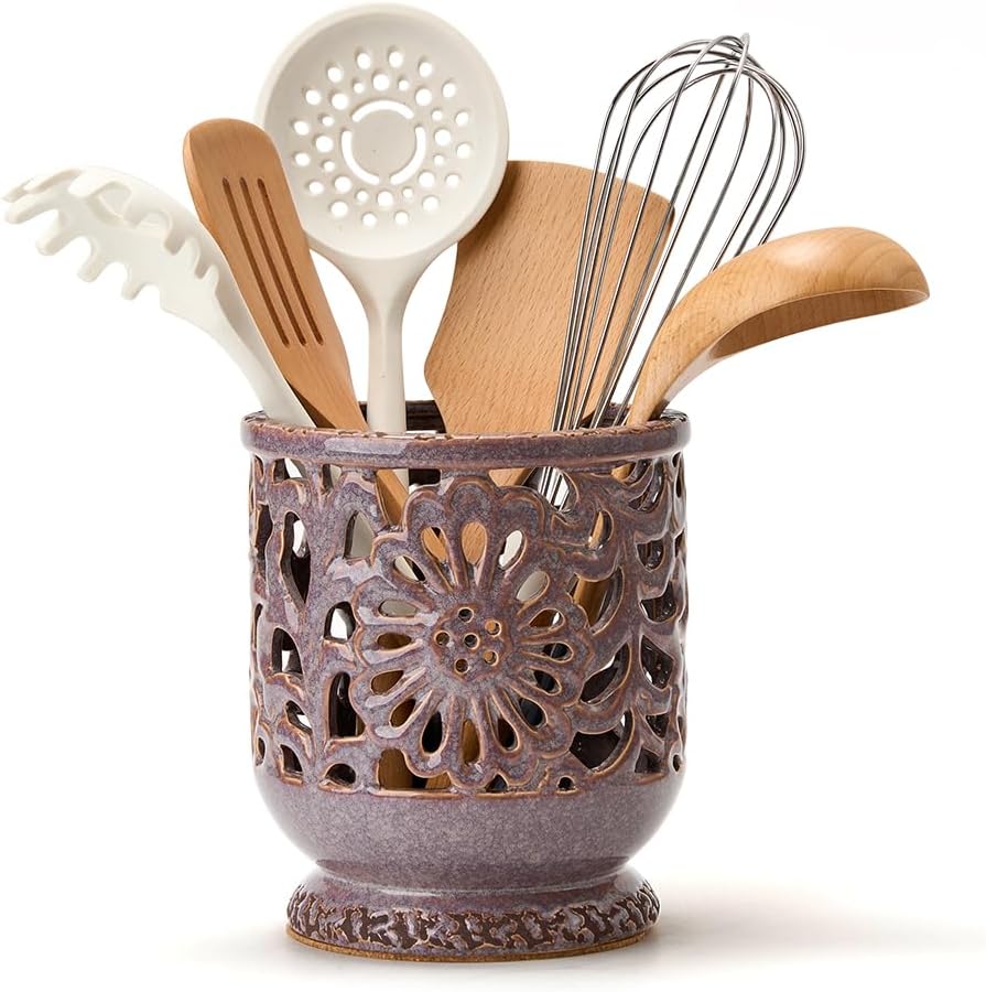 Farmhouse Kitchen Utensil Holder for Countertop, Ceramic Large Cooking Utensil Crock with Cork Mat, Decorative Rustic Utensil Holder for Kitchen Counter, Hollow Carving Flower, Blue