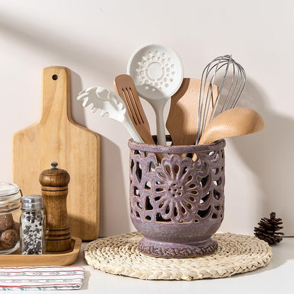 Farmhouse Kitchen Utensil Holder for Countertop, Ceramic Large Cooking Utensil Crock with Cork Mat, Decorative Rustic Utensil Holder for Kitchen Counter, Hollow Carving Flower, Blue