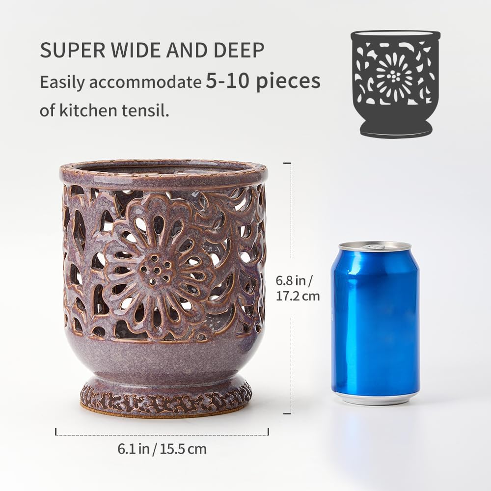 Farmhouse Kitchen Utensil Holder for Countertop, Ceramic Large Cooking Utensil Crock with Cork Mat, Decorative Rustic Utensil Holder for Kitchen Counter, Hollow Carving Flower, Blue
