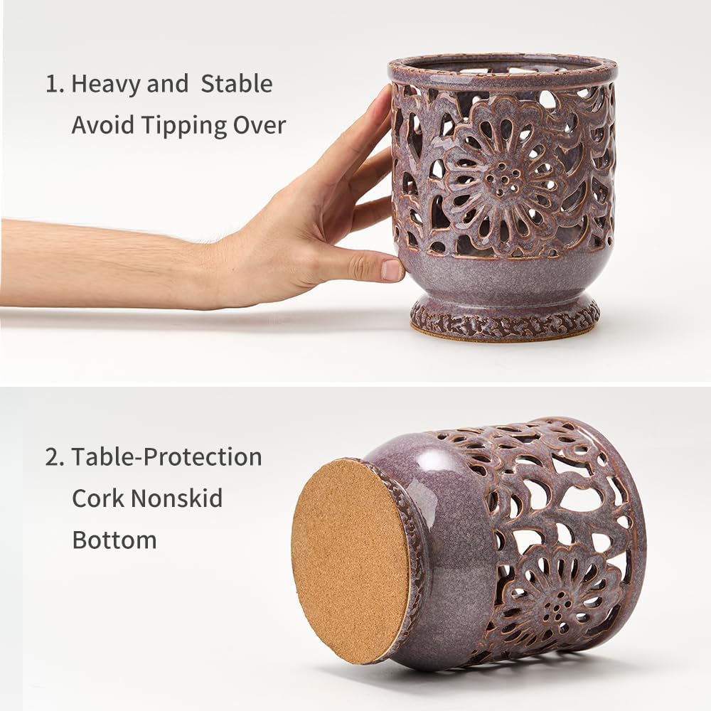 Farmhouse Kitchen Utensil Holder for Countertop, Ceramic Large Cooking Utensil Crock with Cork Mat, Decorative Rustic Utensil Holder for Kitchen Counter, Hollow Carving Flower, Blue