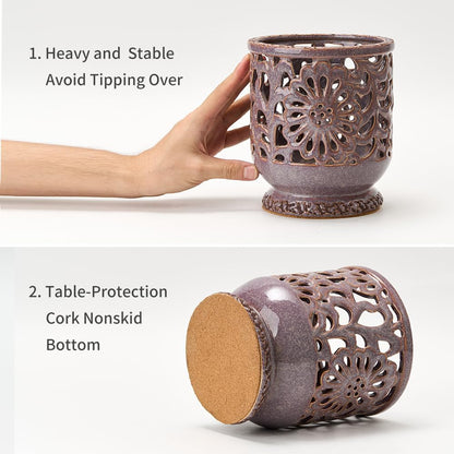 Farmhouse Kitchen Utensil Holder for Countertop, Ceramic Large Cooking Utensil Crock with Cork Mat, Decorative Rustic Utensil Holder for Kitchen Counter, Hollow Carving Flower, Blue
