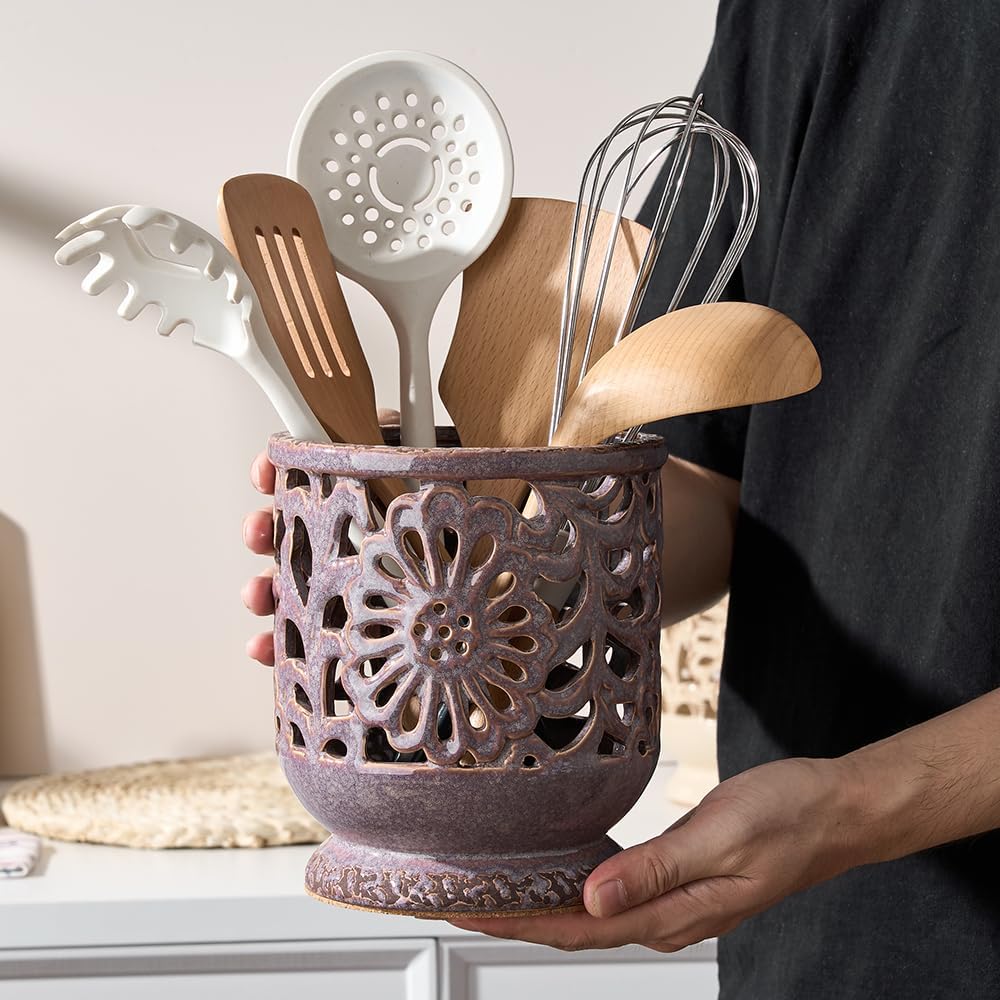 Farmhouse Kitchen Utensil Holder for Countertop, Ceramic Large Cooking Utensil Crock with Cork Mat, Decorative Rustic Utensil Holder for Kitchen Counter, Hollow Carving Flower, Blue