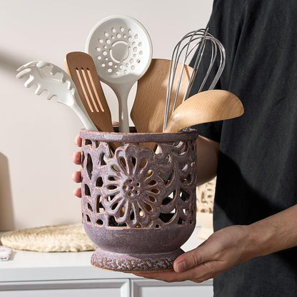 Farmhouse Kitchen Utensil Holder for Countertop, Ceramic Large Cooking Utensil Crock with Cork Mat, Decorative Rustic Utensil Holder for Kitchen Counter, Hollow Carving Flower, Blue
