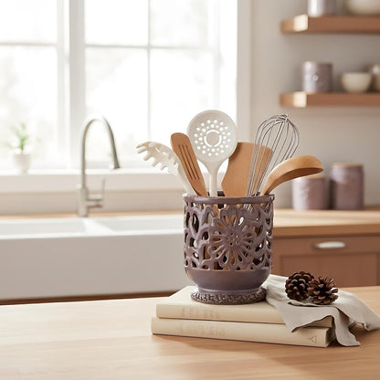 Farmhouse Kitchen Utensil Holder for Countertop, Ceramic Large Cooking Utensil Crock with Cork Mat, Decorative Rustic Utensil Holder for Kitchen Counter, Hollow Carving Flower, Blue