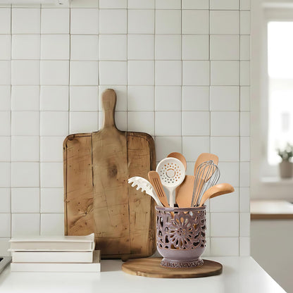 Farmhouse Kitchen Utensil Holder for Countertop, Ceramic Large Cooking Utensil Crock with Cork Mat, Decorative Rustic Utensil Holder for Kitchen Counter, Hollow Carving Flower, Blue