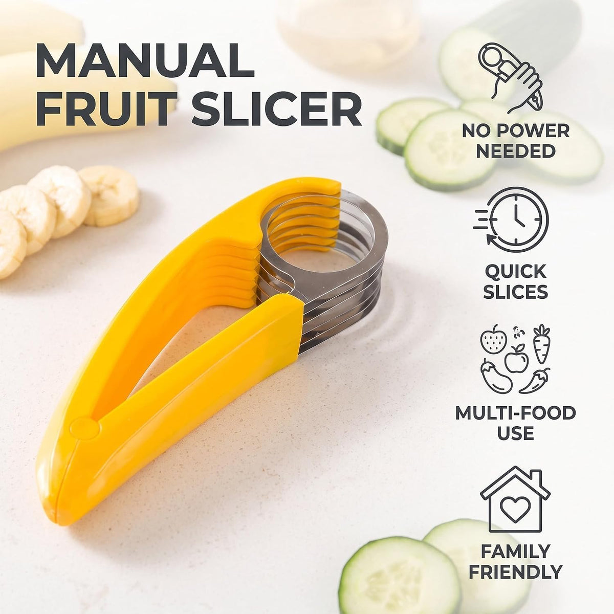 Yellow Food Manual Slicer, Stainless Steel Food Slicer, Banana Strawberry Cucumber Carrot Egg Vegetable Fruit Multifunctional, Handheld Portable Peeling, Grating and Slicing Tools