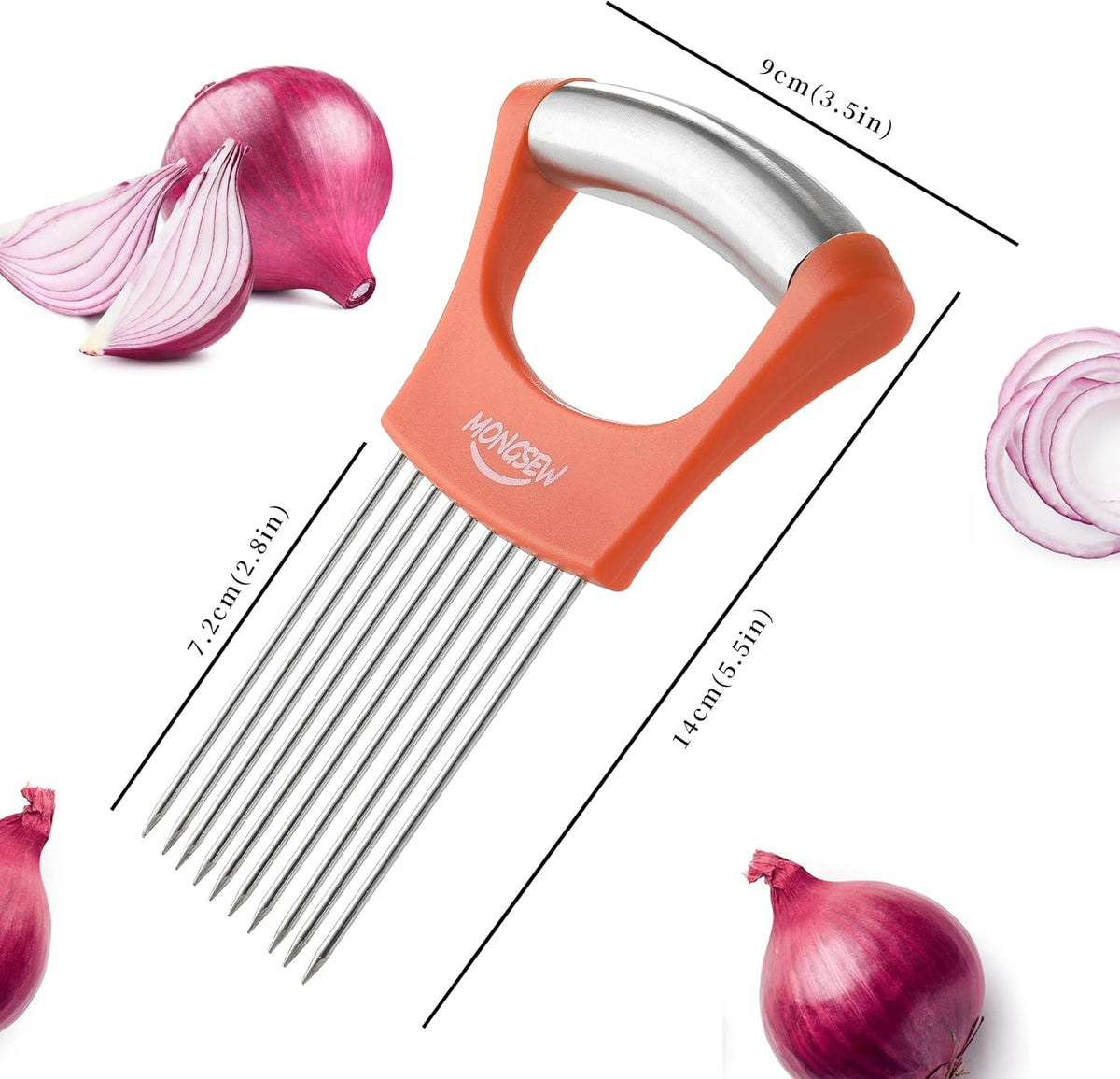 Onion Slicer Holder, Stainless Steel Onion Cutter for Slicing and Storage of Onions, Avocados, Eggs, Dishwasher Safe, Protective Cover Included (Stylish Orange)