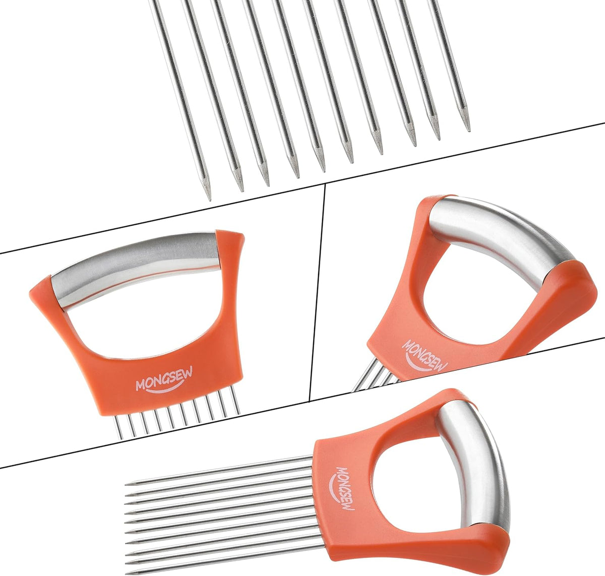 Onion Slicer Holder, Stainless Steel Onion Cutter for Slicing and Storage of Onions, Avocados, Eggs, Dishwasher Safe, Protective Cover Included (Stylish Orange)
