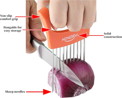 Onion Slicer Holder, Stainless Steel Onion Cutter for Slicing and Storage of Onions, Avocados, Eggs, Dishwasher Safe, Protective Cover Included (Stylish Orange)