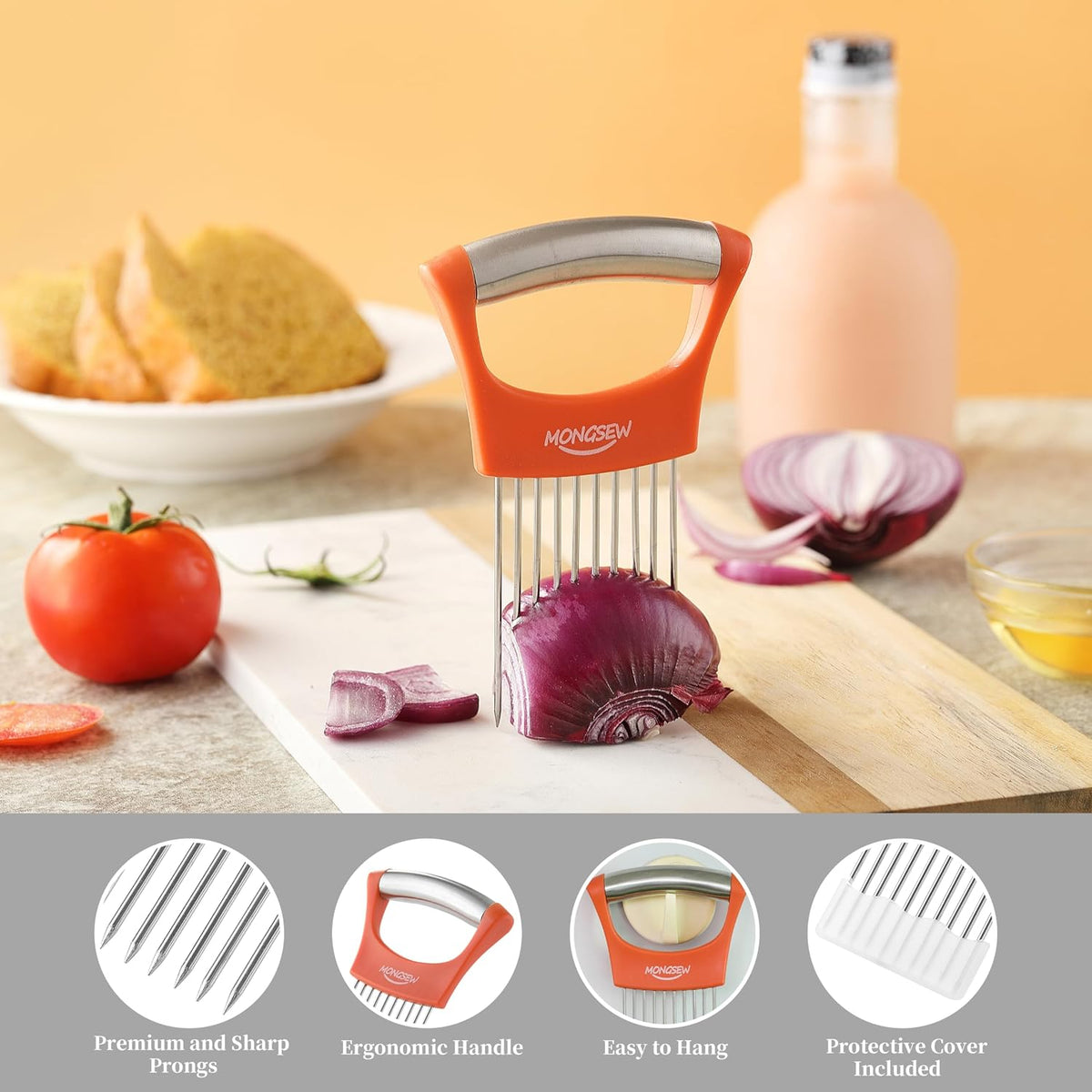 Onion Slicer Holder, Stainless Steel Onion Cutter for Slicing and Storage of Onions, Avocados, Eggs, Dishwasher Safe, Protective Cover Included (Stylish Orange)