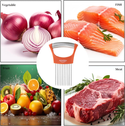 Onion Slicer Holder, Stainless Steel Onion Cutter for Slicing and Storage of Onions, Avocados, Eggs, Dishwasher Safe, Protective Cover Included (Stylish Orange)