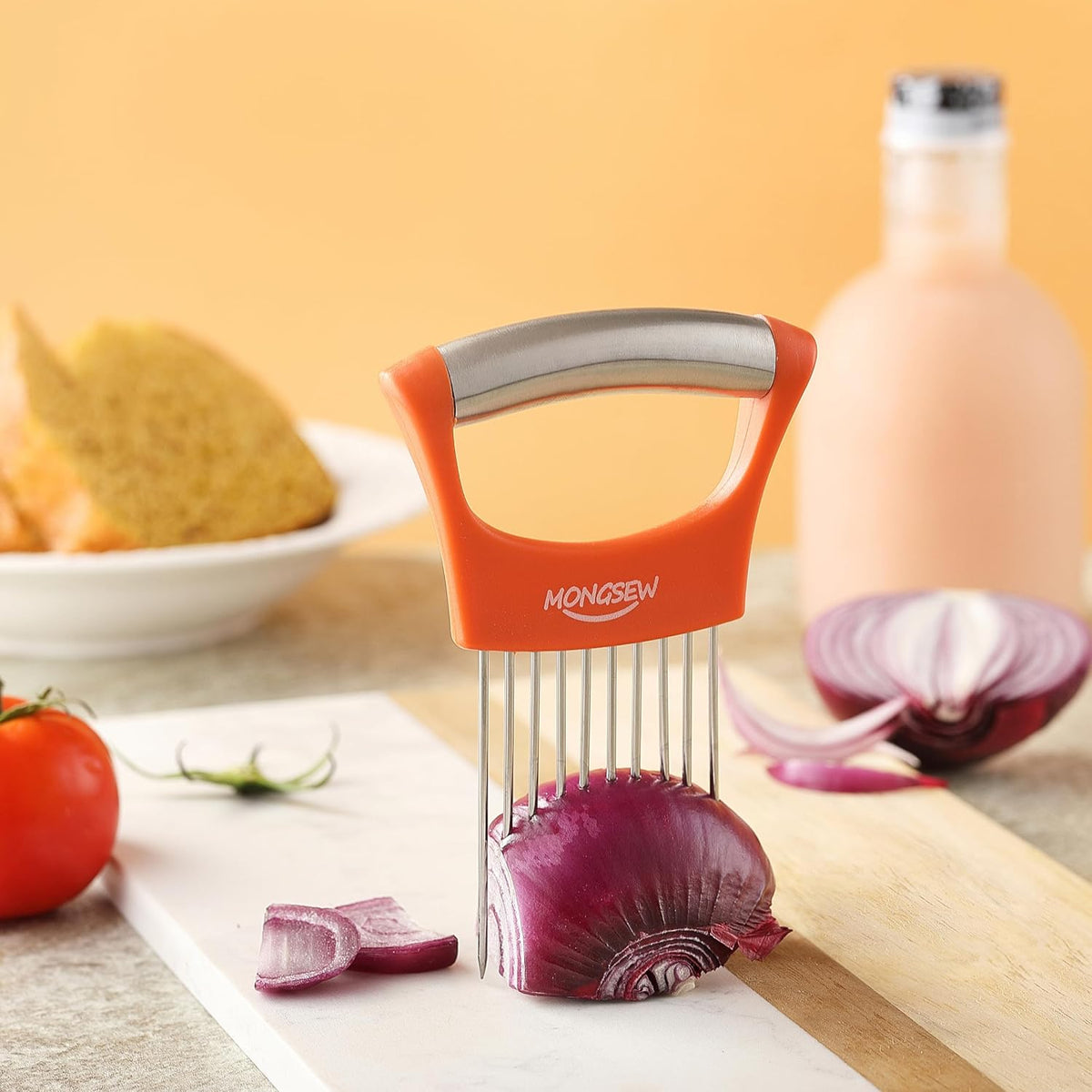 Onion Slicer Holder, Stainless Steel Onion Cutter for Slicing and Storage of Onions, Avocados, Eggs, Dishwasher Safe, Protective Cover Included (Stylish Orange)