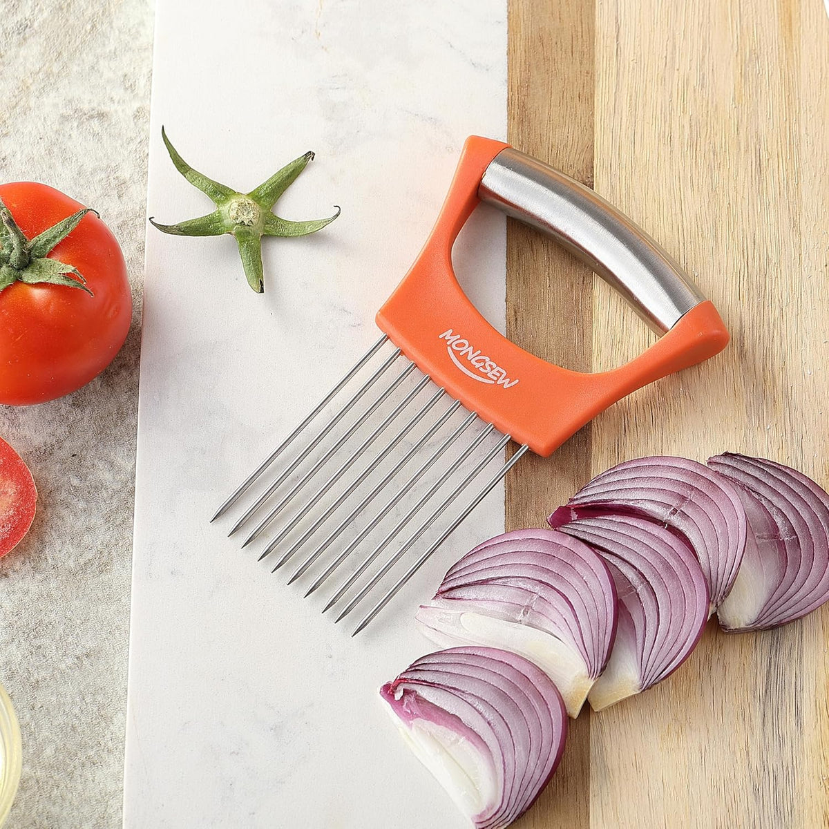 Onion Slicer Holder, Stainless Steel Onion Cutter for Slicing and Storage of Onions, Avocados, Eggs, Dishwasher Safe, Protective Cover Included (Stylish Orange)