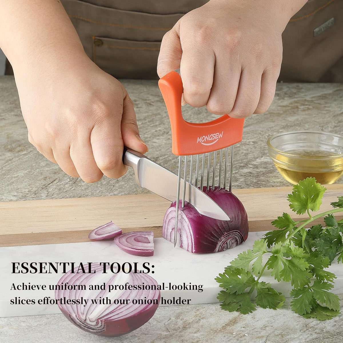 Onion Slicer Holder, Stainless Steel Onion Cutter for Slicing and Storage of Onions, Avocados, Eggs, Dishwasher Safe, Protective Cover Included (Stylish Orange)