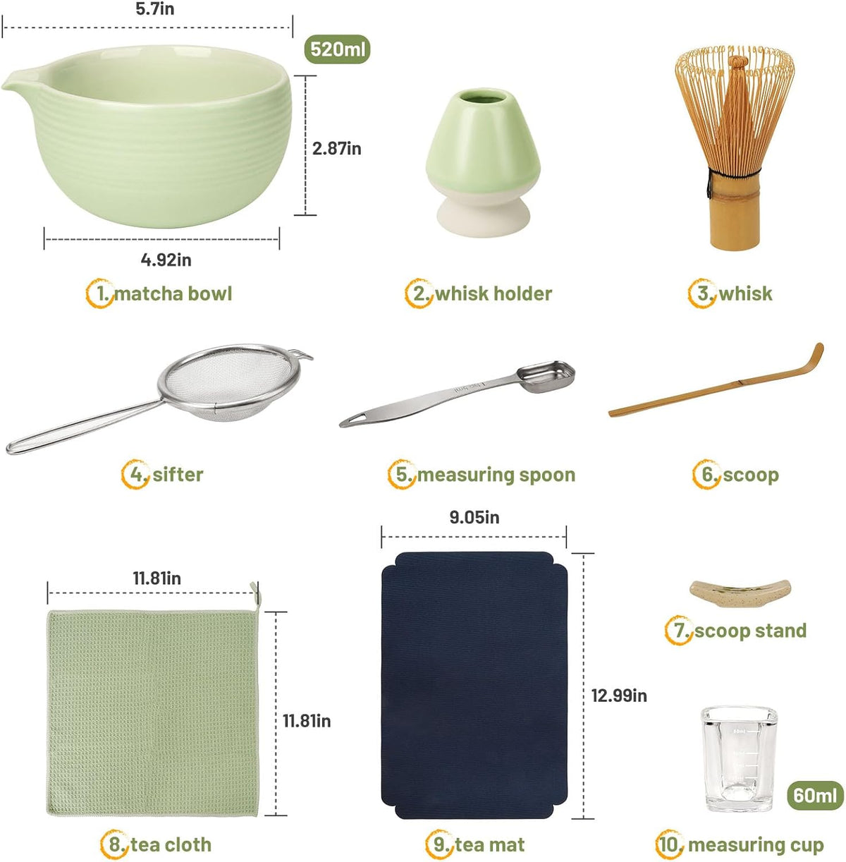 10-Pcs Matcha Whisk Set, Matcha Kit with Measuring Spoon/Cup, Green