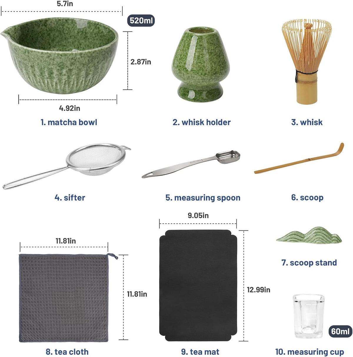 10-Pcs Matcha Whisk Set, Matcha Kit with Measuring Spoon/Cup, Green