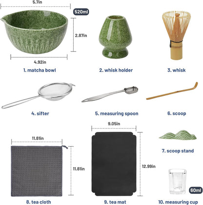 10-Pcs Matcha Whisk Set, Matcha Kit with Measuring Spoon/Cup, Green