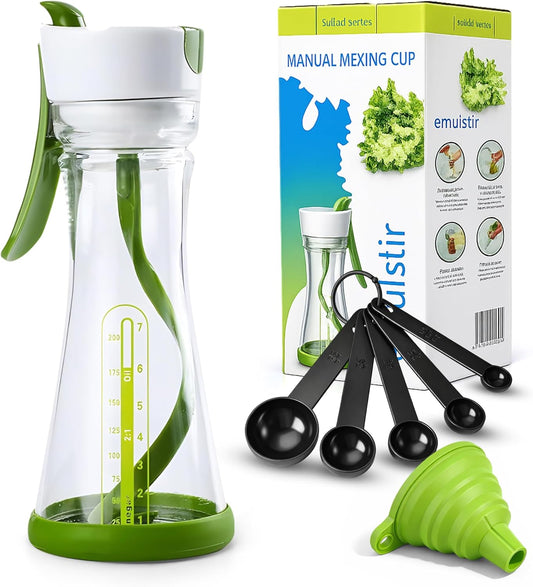 Salad Dressing Shaker Bottle with Manual Spiral Mixer, BPA-Free 200ml Mixing Bottle, Measuring Scale, Measuring Spoons & Collapsible Funnel for Homemade Dressings, Marinades & Sauces
