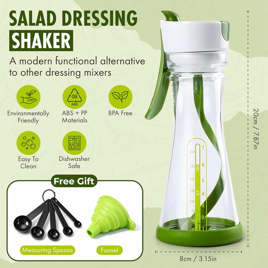 Salad Dressing Shaker Bottle with Manual Spiral Mixer, BPA-Free 200ml Mixing Bottle, Measuring Scale, Measuring Spoons & Collapsible Funnel for Homemade Dressings, Marinades & Sauces