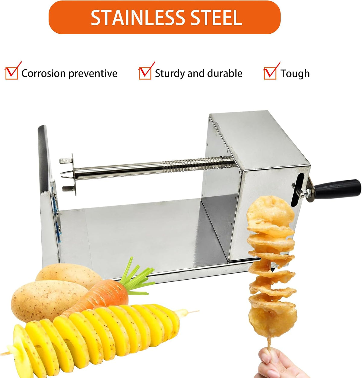 Tornado Potato Spiral Cutter Stainless Steel Spud Twisted Potato Chips Slicer French Fry Graters Cortador de Papas en Espiral Tornado for Potatoes Carrots Cucumbers Vegetable