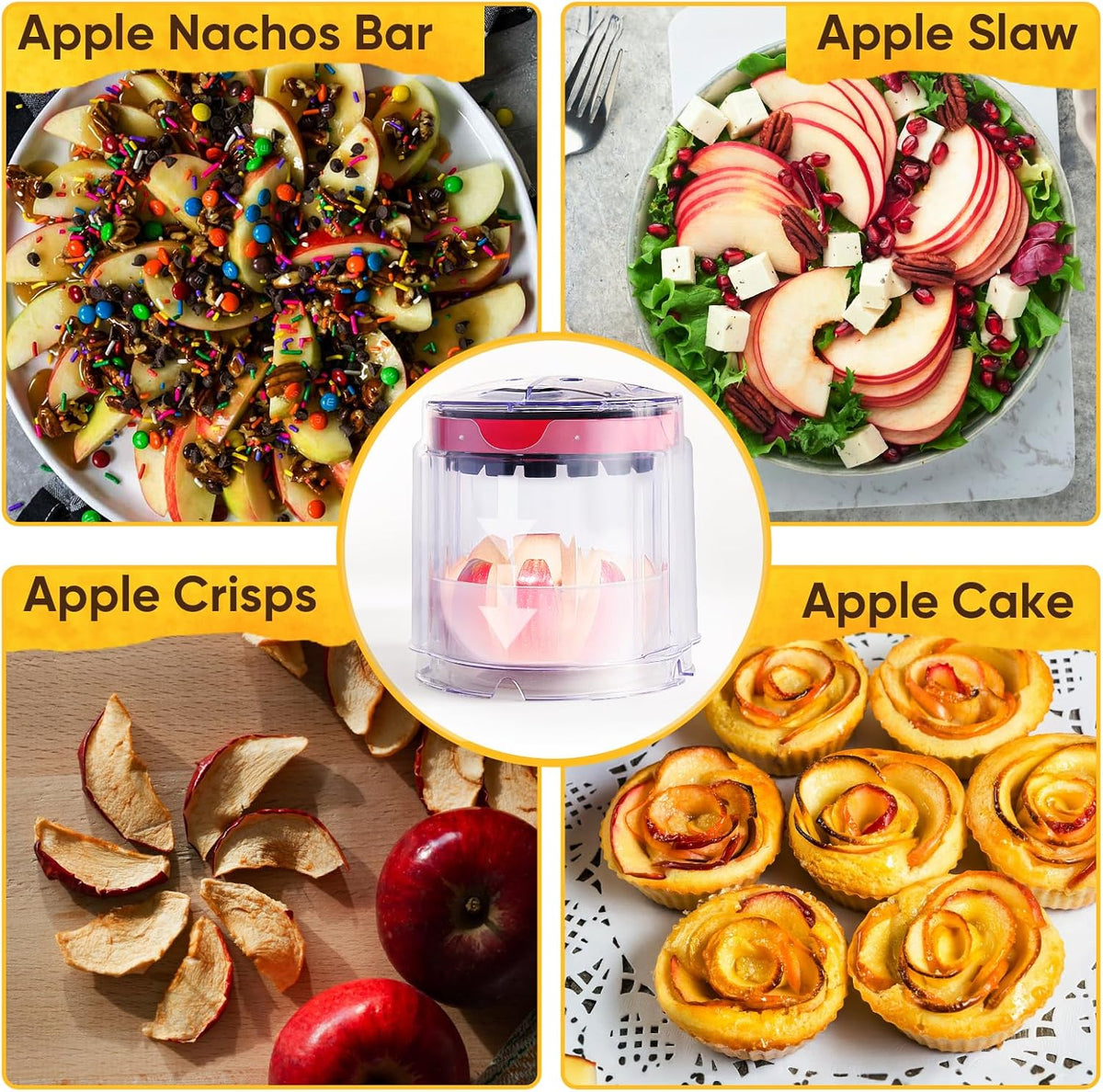 Newness 5.12-Inch Apple Slicer with Clear Bowl, 16-Slice Heavy Duty Stainless Steel Apple Cutter & Corer, Ultra-Safe Design Cuts Apples All the Way Through