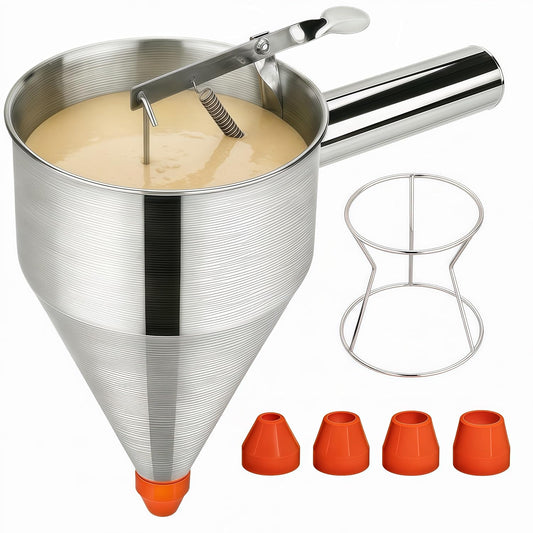 40oz Stainless Steel Pancake Batter Dispenser with Squeeze Handle & Stand, Multi-Nozzle Funnel Cake Dispenser for Pancakes, Cupcakes, Muffins, Waffles & Baking - Precise Control