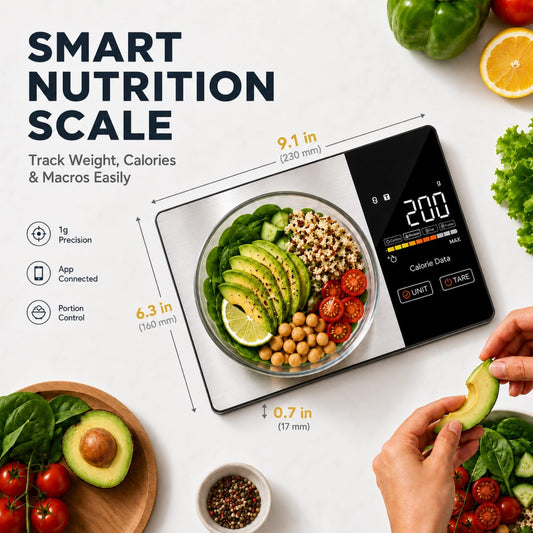 Smart Nutrition Food Scale with App - 1g Precision Digital Kitchen Scale, Tracks Calories & 24 Nutrients, Macros, Fat & Protein for Keto, Fitness & Meal Prep, 11lb/5kg with Tare Function