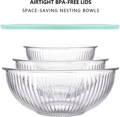 Glass Mixing Bowls with Lids Set(4.5QT, 2.7QT, 1.1QT)-Large Glass Mixing Bowls, Clear Salad Bowl for Baking, Cooking, Serving, Food Prep, 3PC Nesting Bowls for Kitchen Storage & Dishwasher Safe